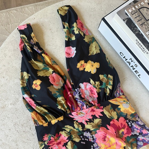 Anthropologie Allihop Black Floral Zinnia Plunge One Piece Swimsuit Boho L - Picture 6 of 9